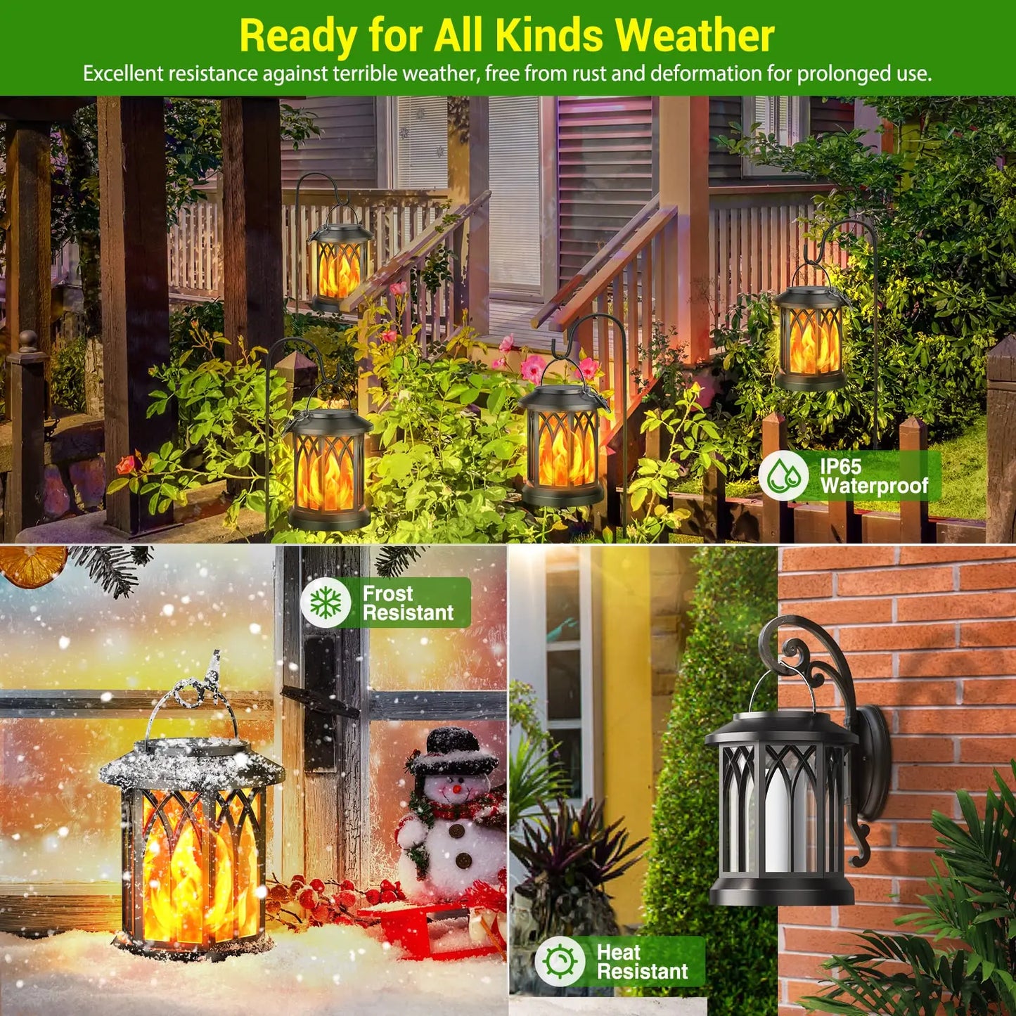 Solar Lantern Outdoor Lights 4 Pack Flickering Flame Waterproof Hanging Lanterns