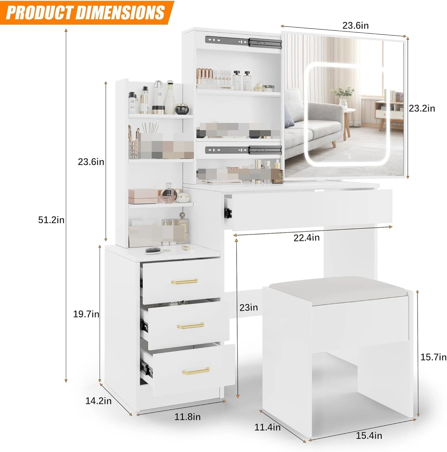 HiMISS Vanity Desk With Sliding Lighted Mirror And Storage