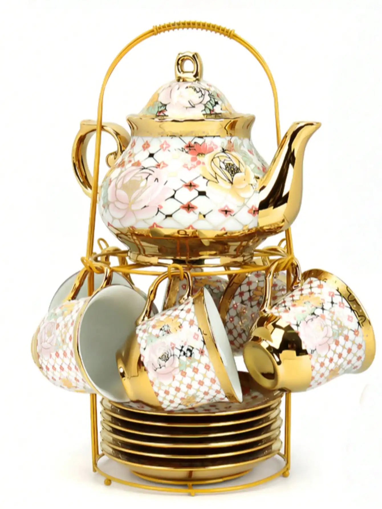 European Porcelain Tea Set With Metal Holder And Floral Pattern