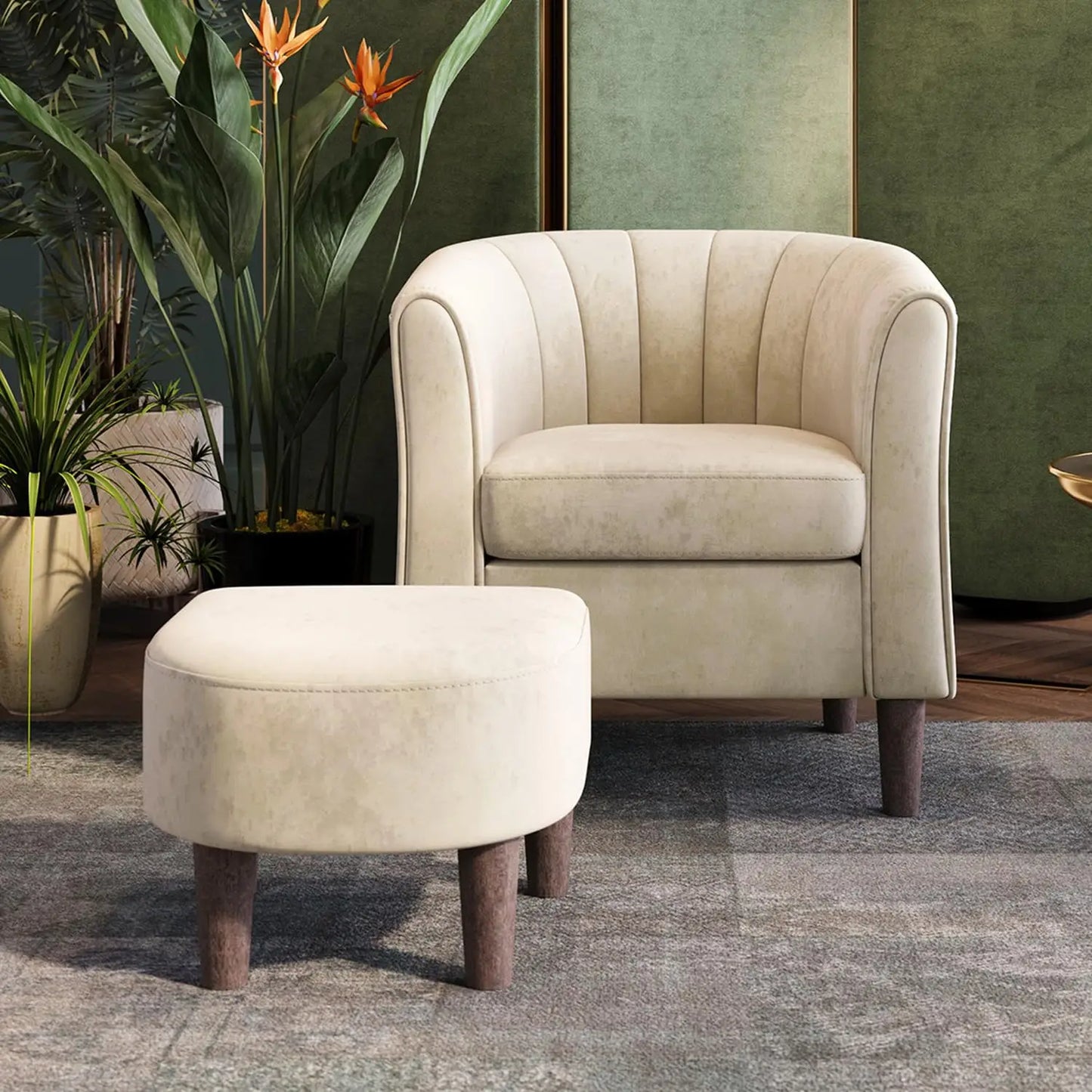 Velvet Accent Chair With Ottoman Modern Barrel Armchair