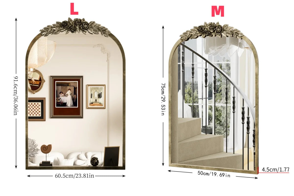 LUVODI Arched Wall Mirror With Metal Frame And Resin Rose Pattern