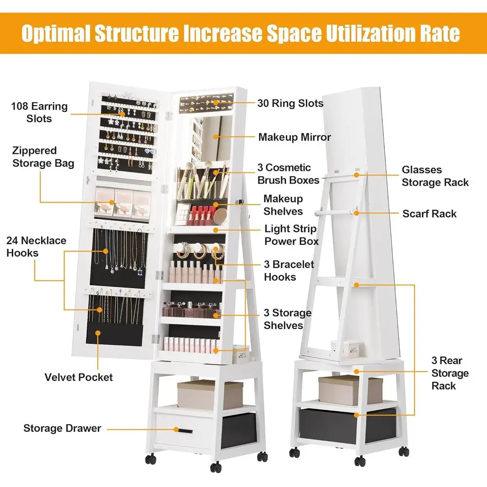 MKDK 360 Degree Swivel Jewelry Cabinet With LED Mirror