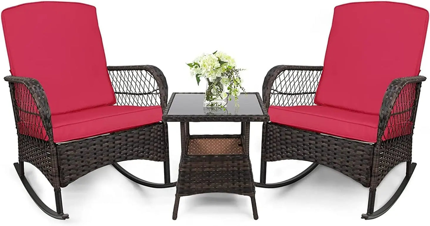 Outdoor 3 Piece Rocking Bistro Set With Glass Table PE Wicker