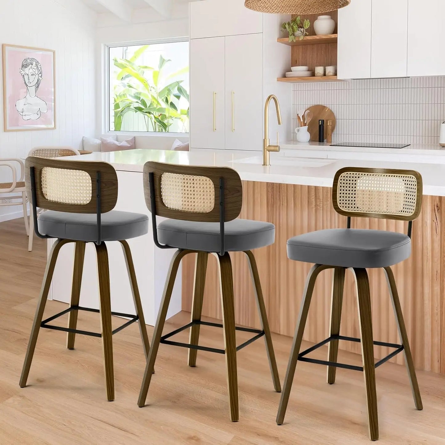 Swivel Bar Stools Set of 3 Upholstered Faux Leather Rattan