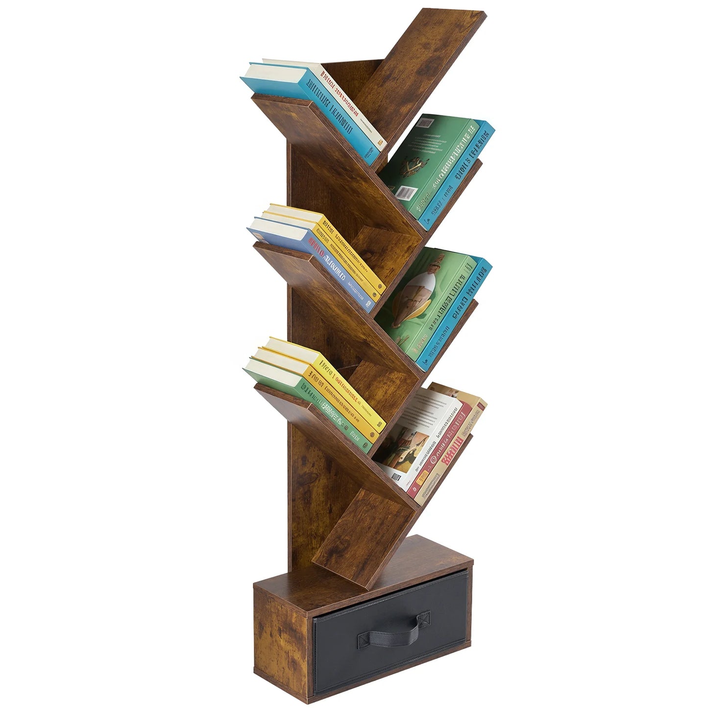 JHK Geometric Wooden 7-Tier Corner Bookshelf With Drawer