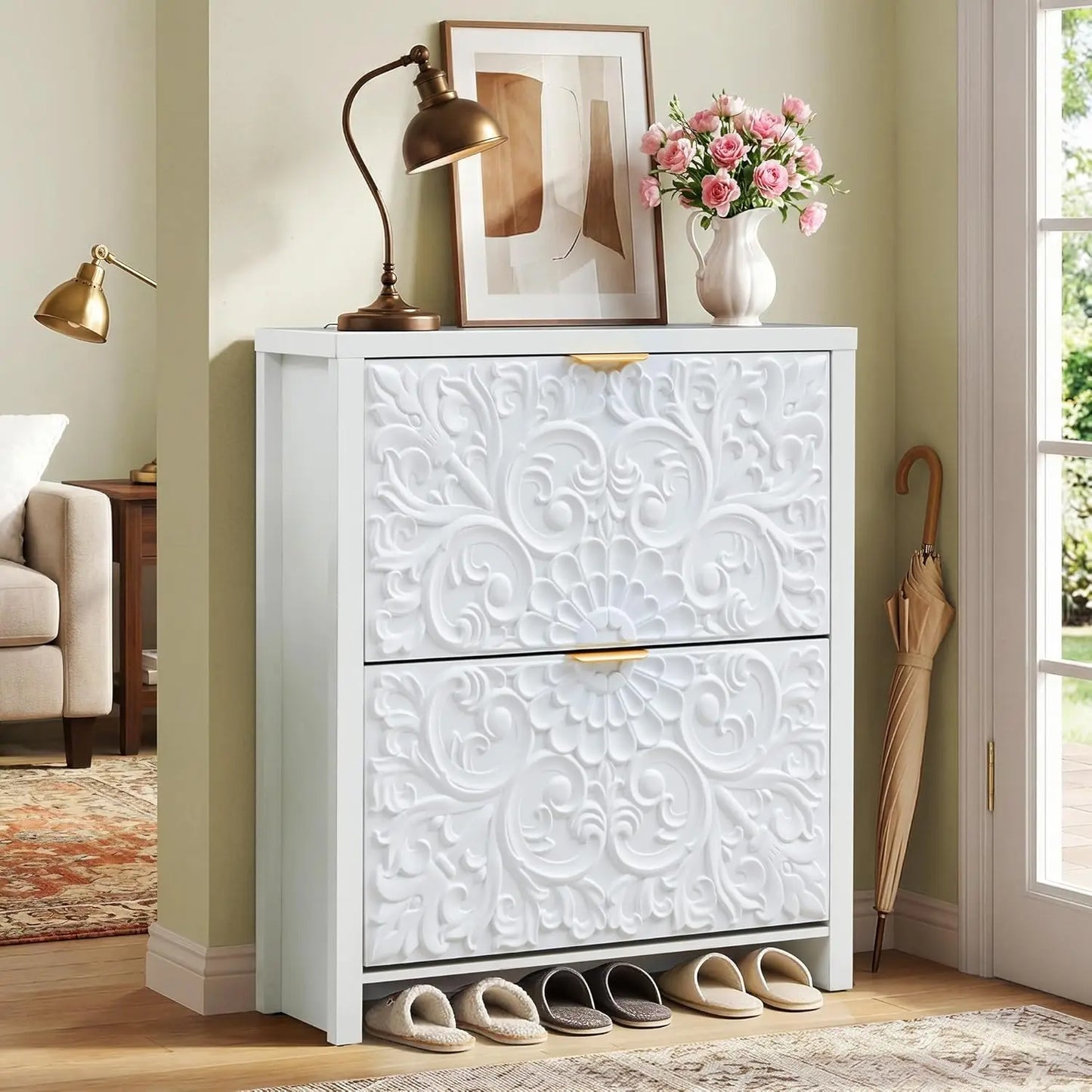 Slim Shoe Cabinet With Flip Drawers 2 Tier Organizer