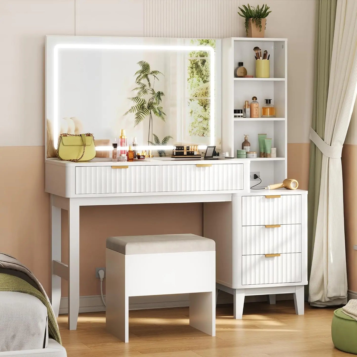 Vanity Table With Large LED Mirror And Charging Station
