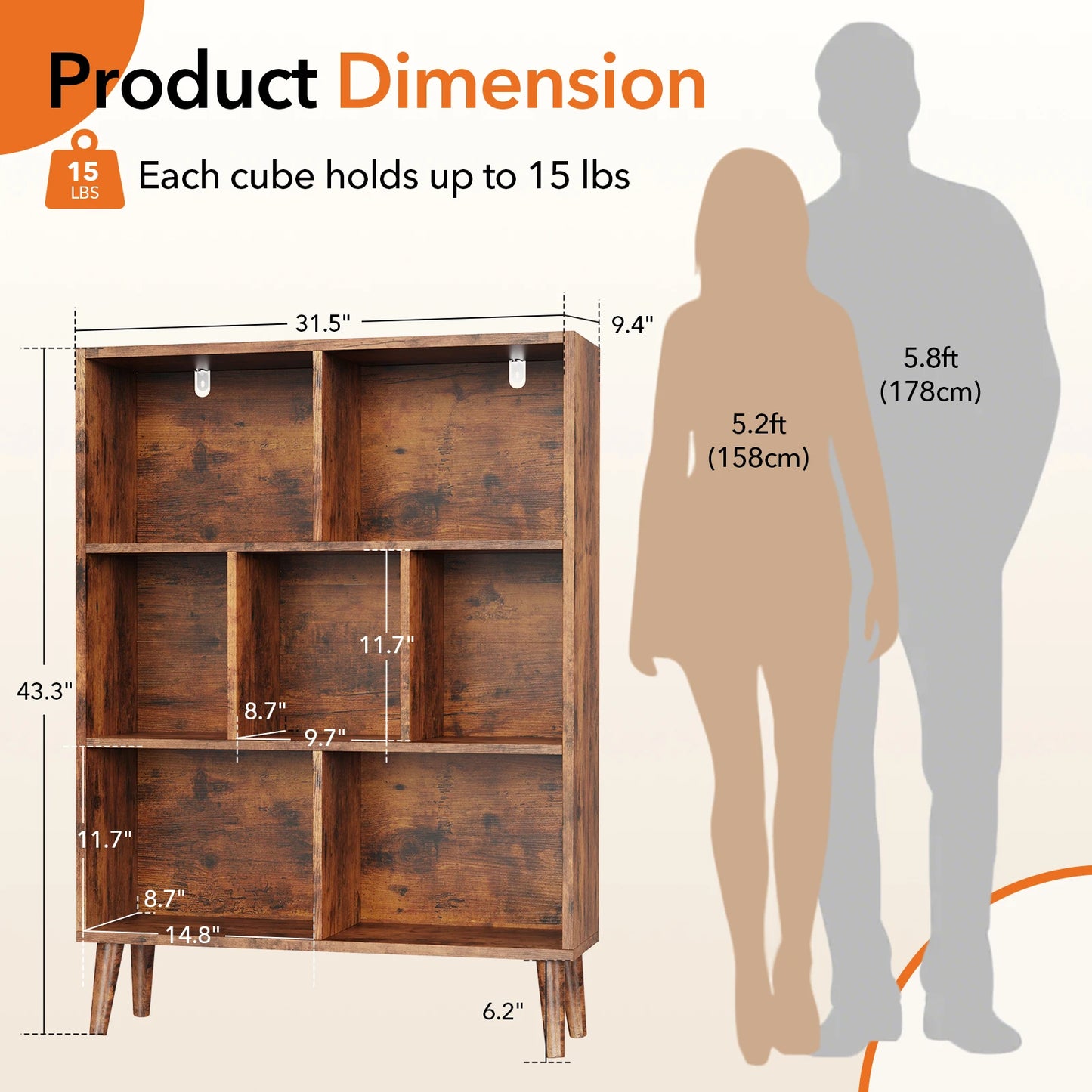 JHK 3 Tier Wooden Bookshelf With Seven Cube Storage Organizer
