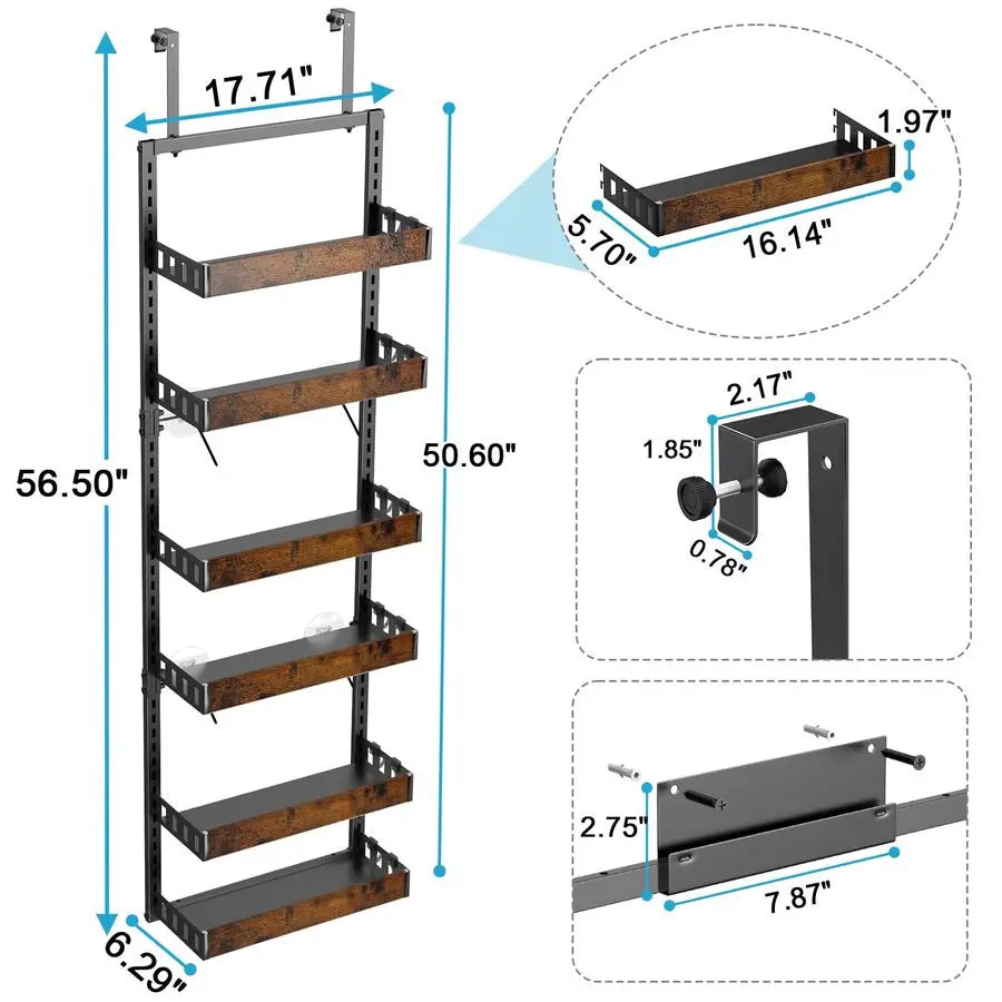 Over the Door Pantry Organizer, 6Tier Adjustable Wooden Basket Kitchen Pantry Door Organization and Storage, HeavyDuty Metal Han
