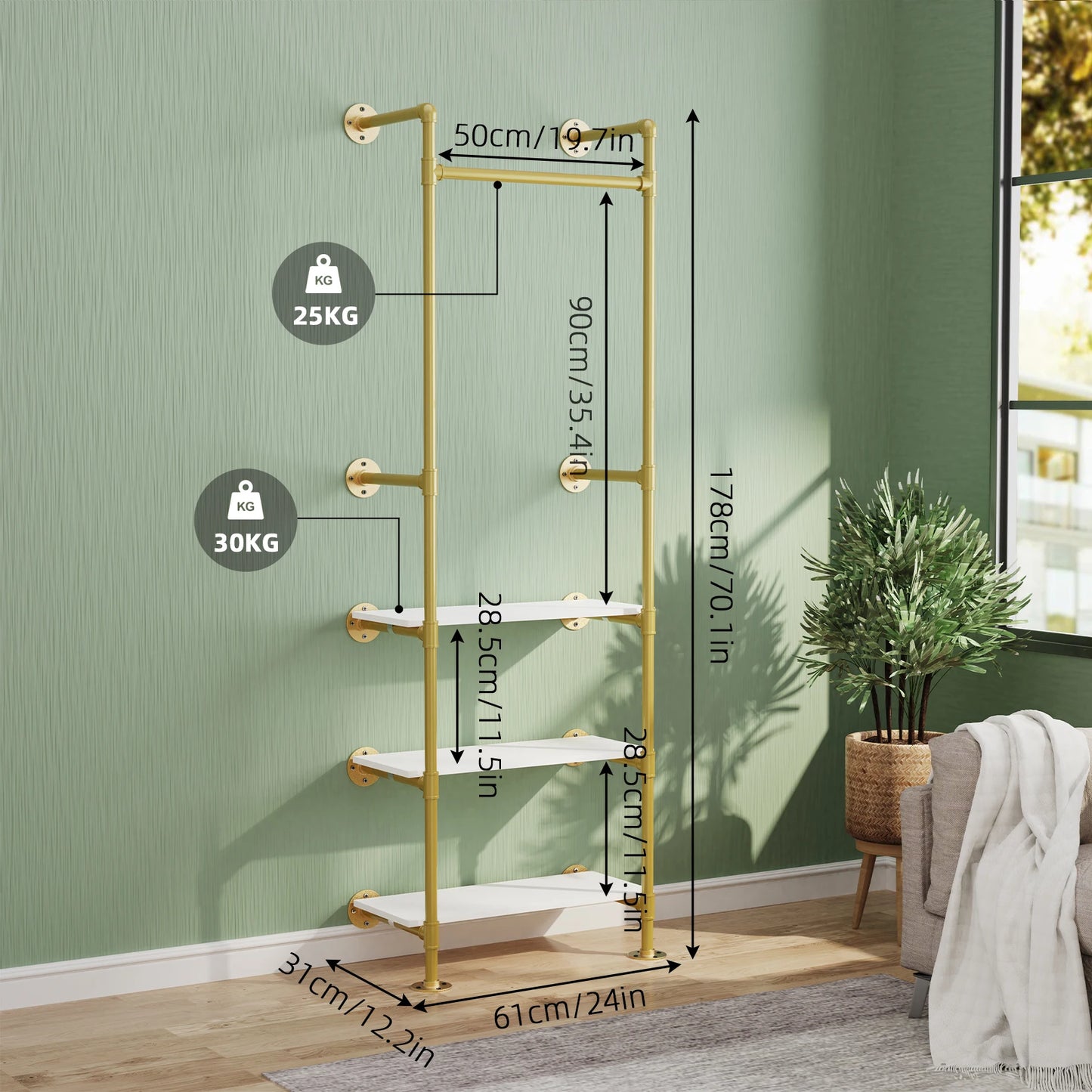 Industrial Pipe Clothing Rack Wall Mounted Three Tier Cast Iron