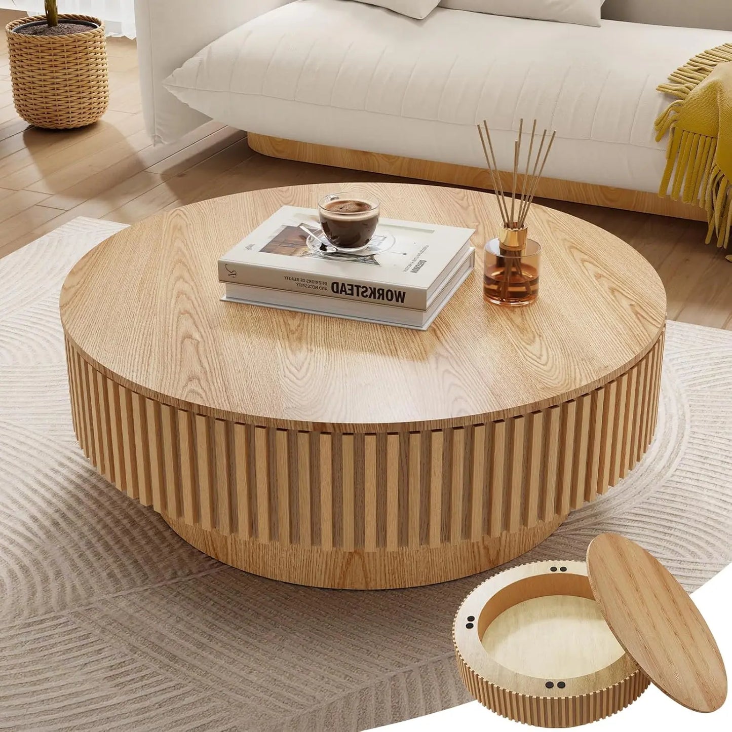 Oak Round Coffee Table Wood Modern Drum Fluted Circle