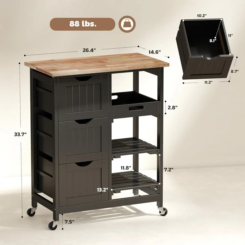 Rolling Kitchen Island Cart With Wood Top On Wheels Shelves