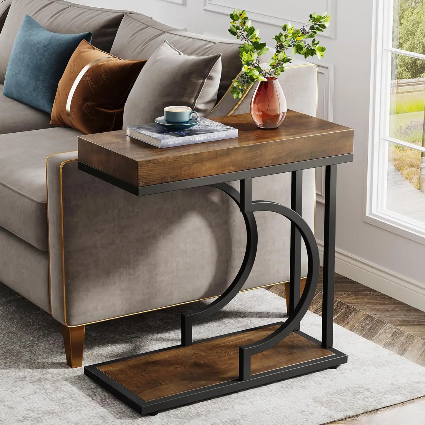 Little Tree C Shaped End Table With Metal Frame For Living Room