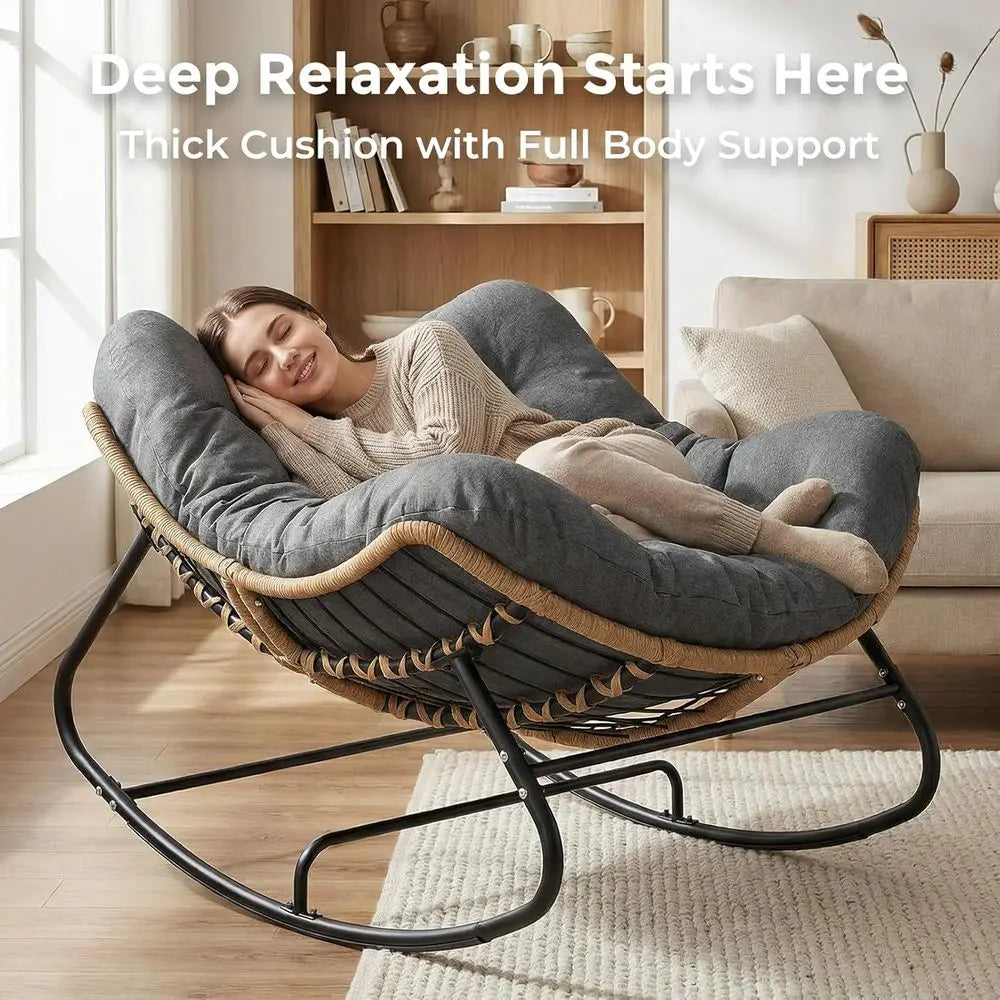 Outdoor Papasan Rocking Chair With Thick Cushion Wicker Egg Chair