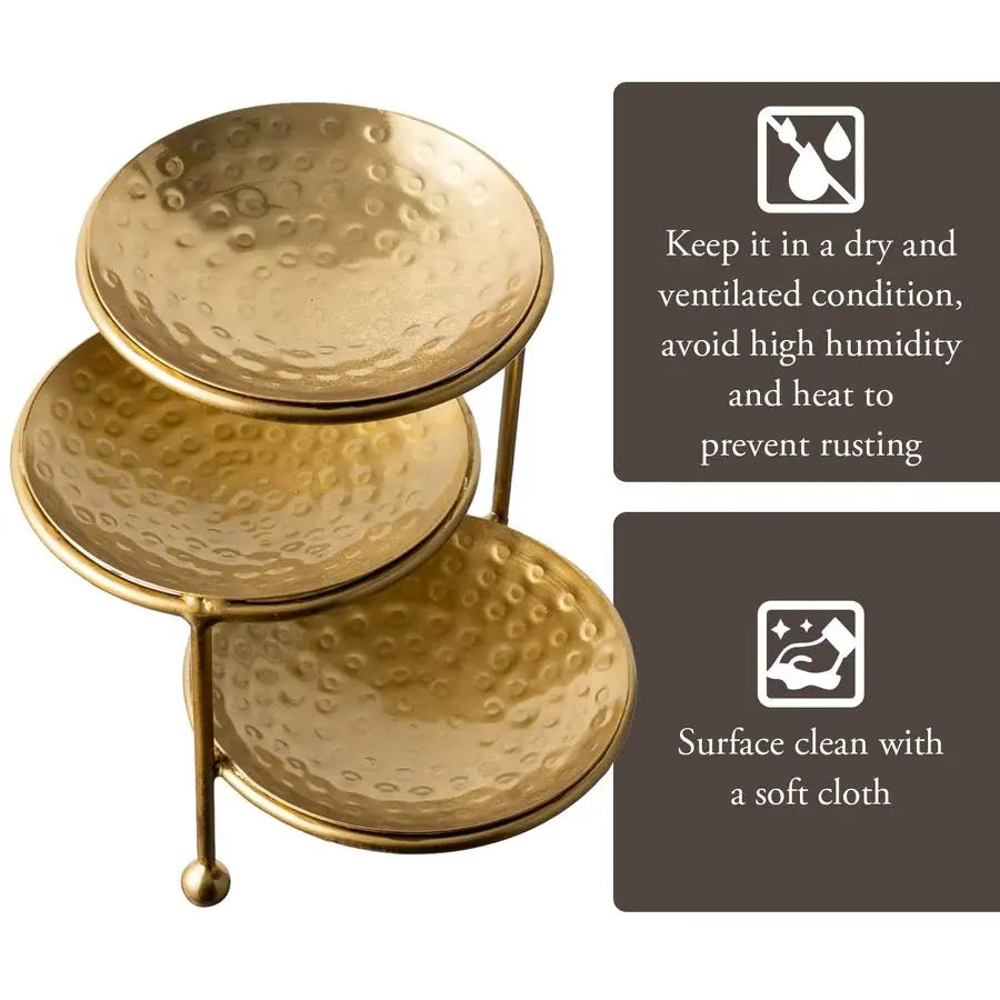 Hammered Brass Plated 3 Tier Jewelry Organizer Ring Dish Stand