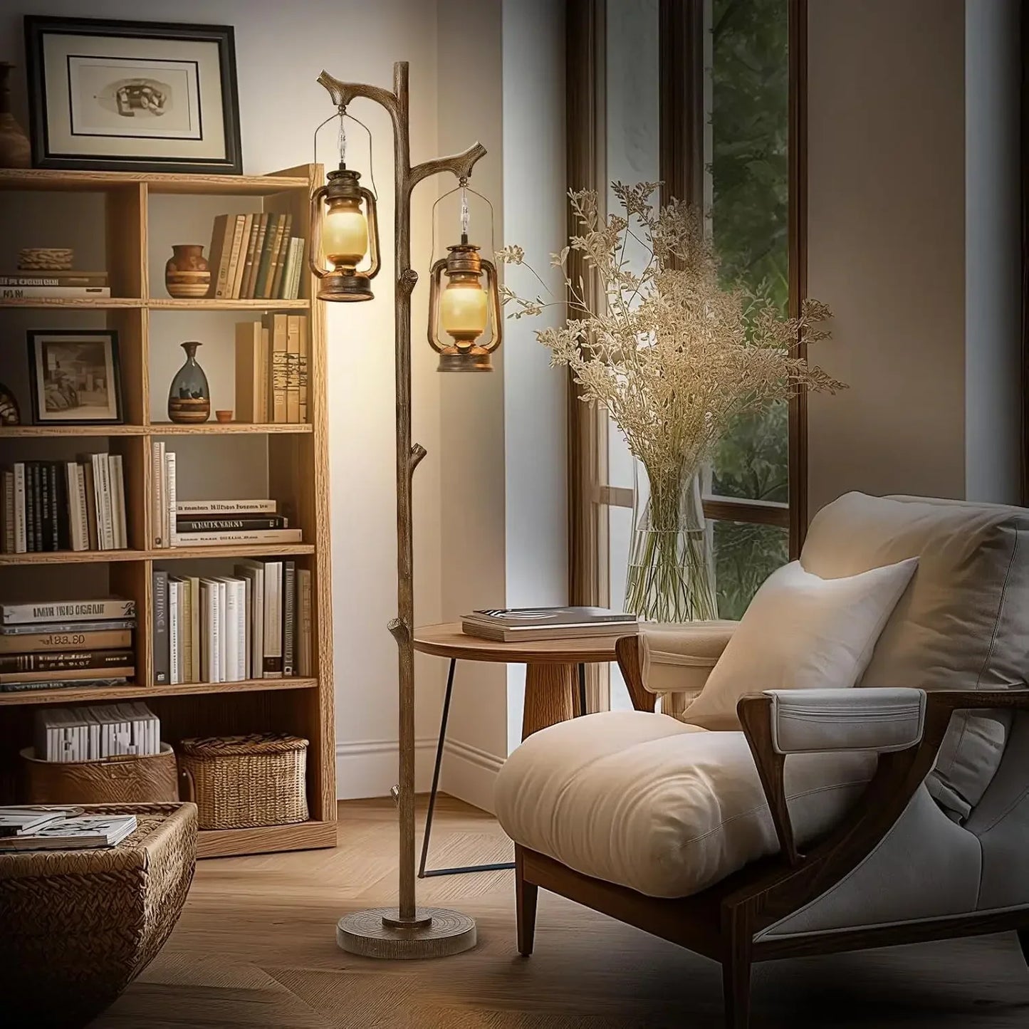 Rustic Farmhouse Tree Trunk Floor Lamp Lantern Dimmable