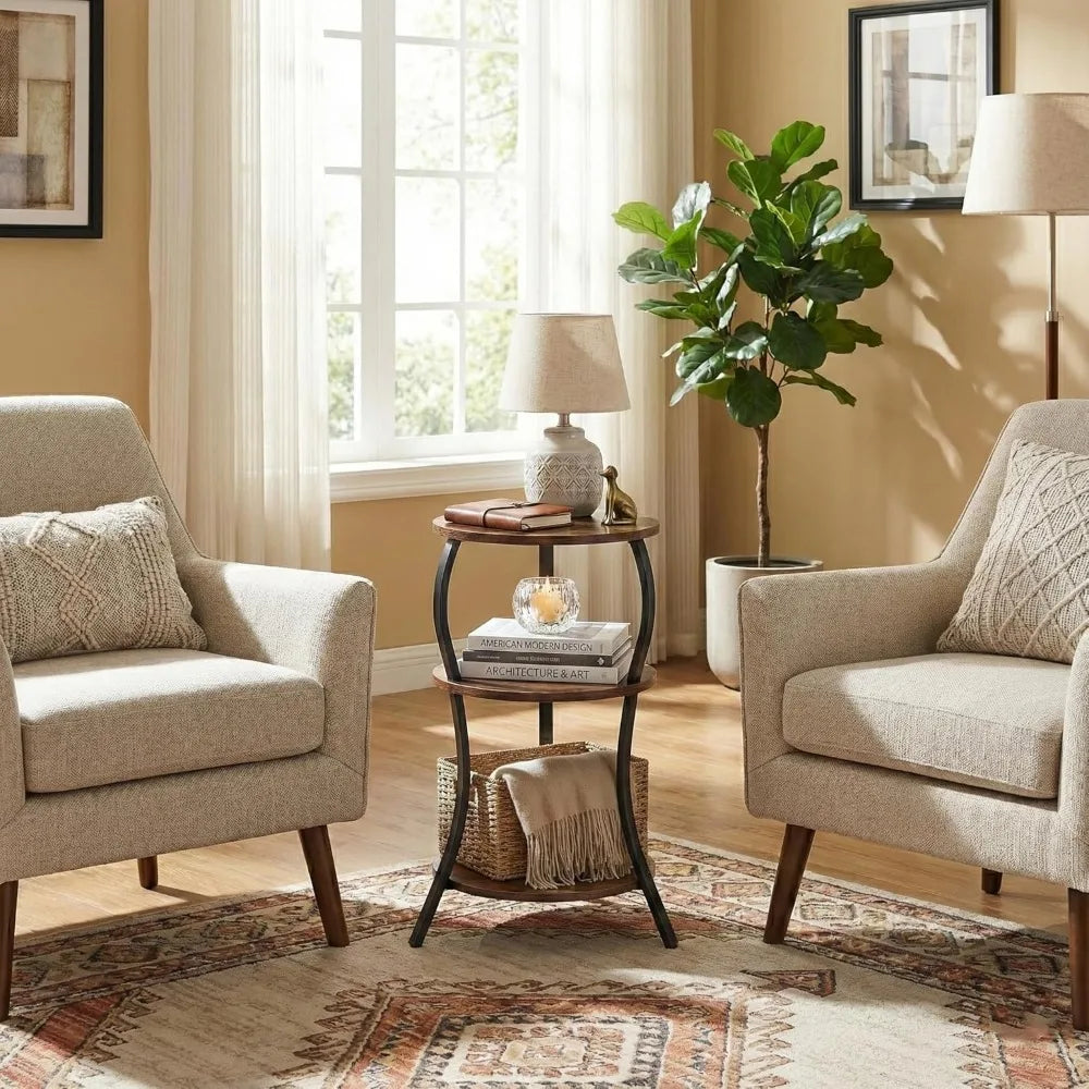 NBVCX Round Side Table With 3 Tier Storage Shelf For Living Room And Bedroom