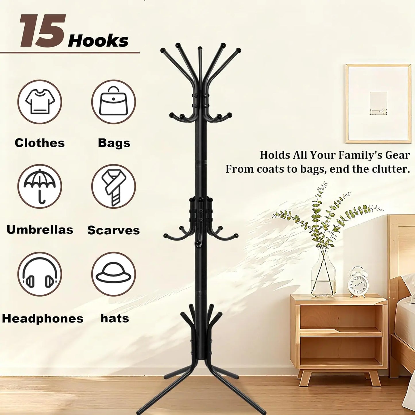 Freestanding Coat Rack With 15 Hooks Hall Tree For Entryway