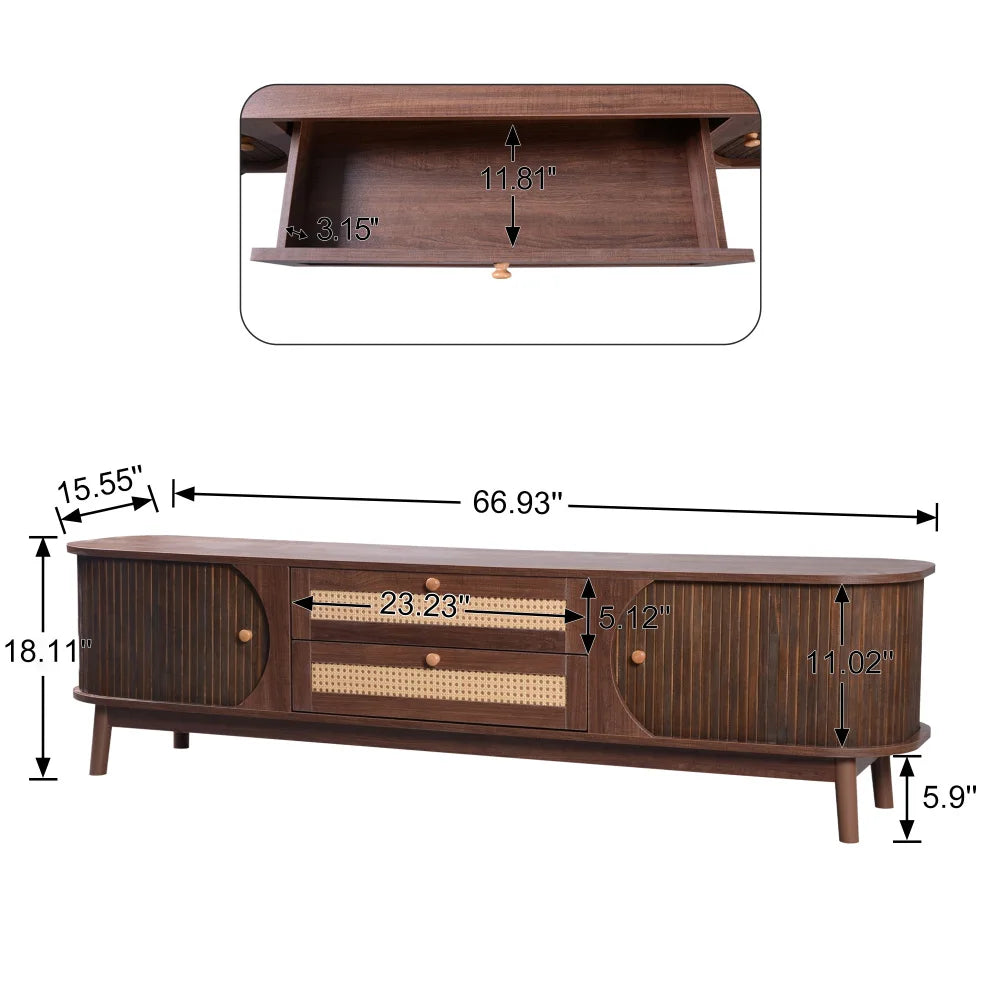 Rattan TV Stand Modern Farmhouse Media Console With Wood Legs