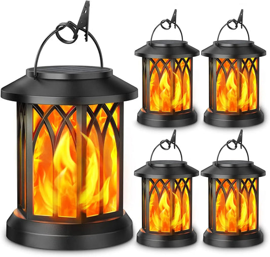 Solar Lantern Outdoor Lights 4 Pack Flickering Flame Waterproof Hanging Lanterns