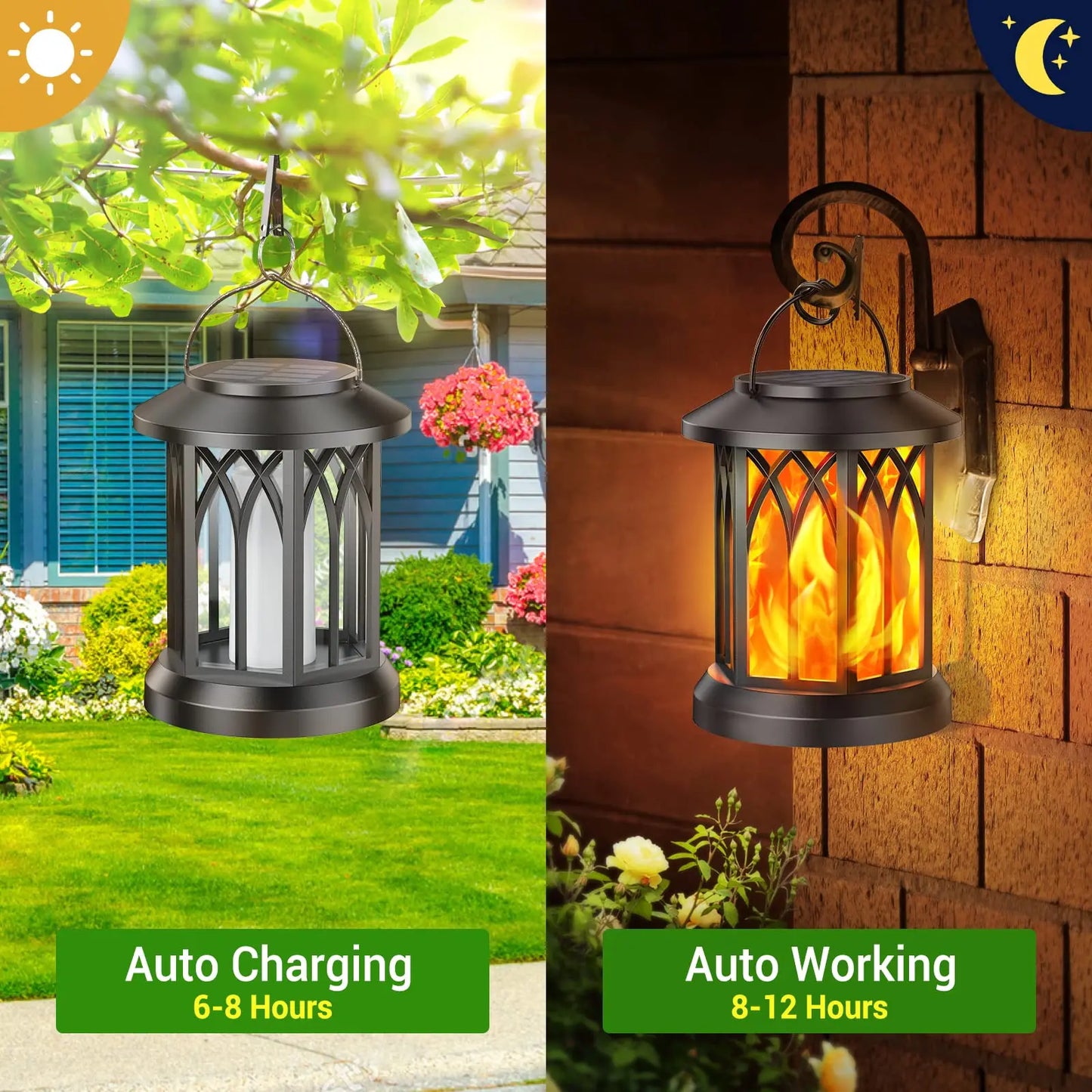 Solar Lantern Outdoor Lights 4 Pack Flickering Flame Waterproof Hanging Lanterns