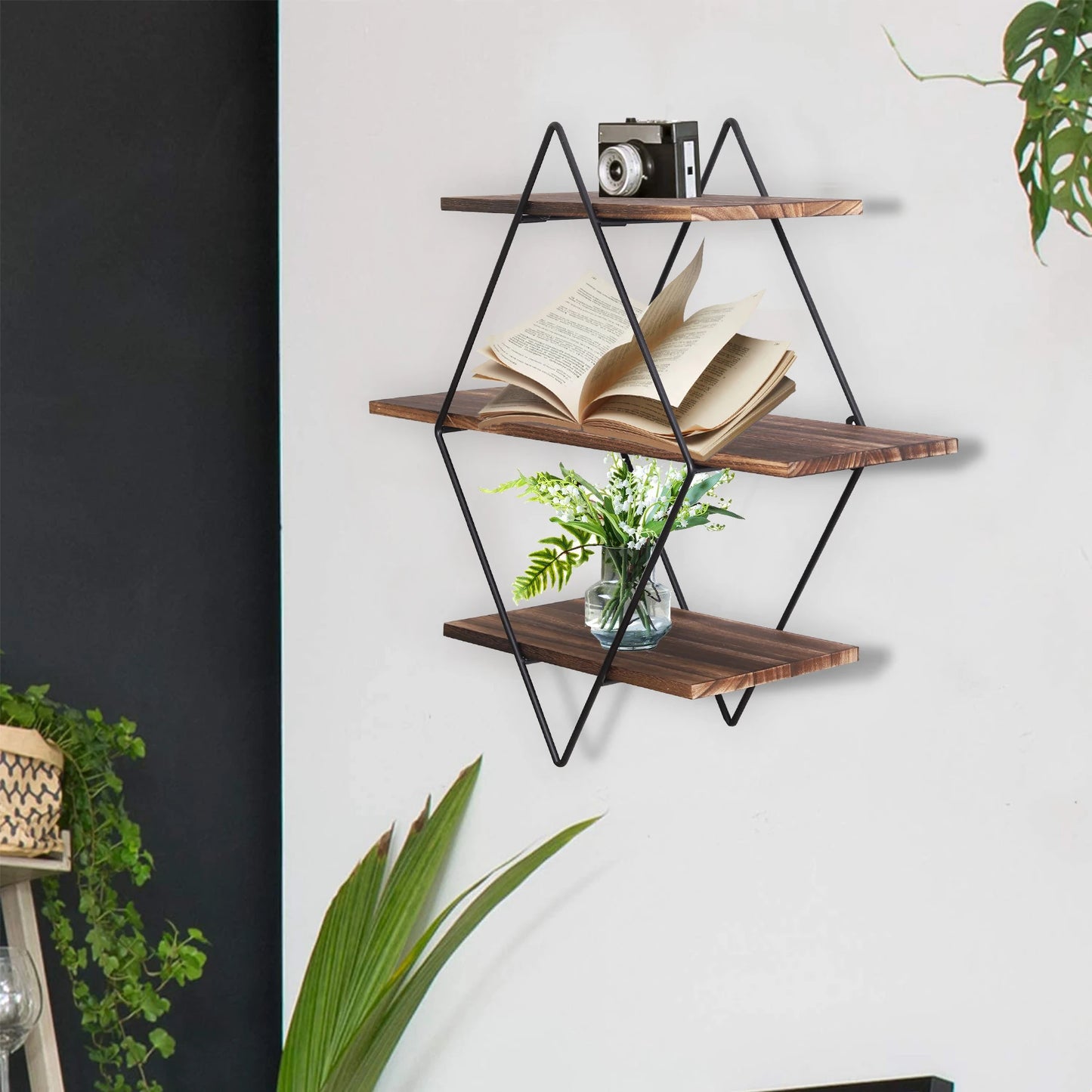 Three Tier Industrial Wood Floating Shelf Wall Mount
