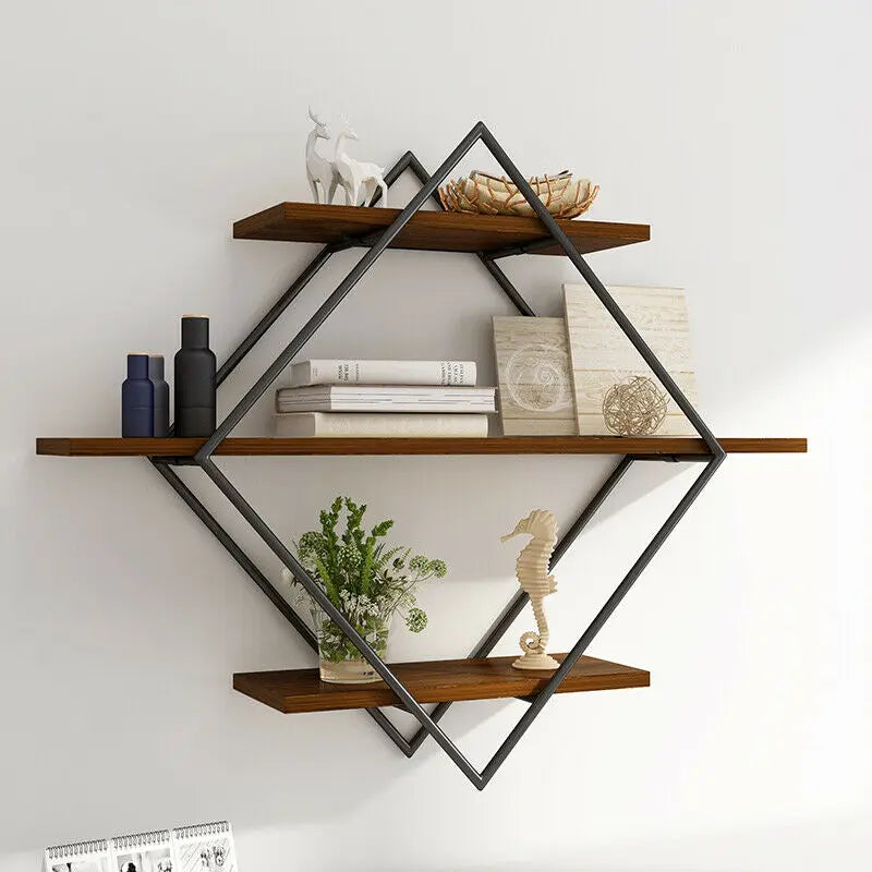Three Tier Industrial Wood Floating Shelf Wall Mount