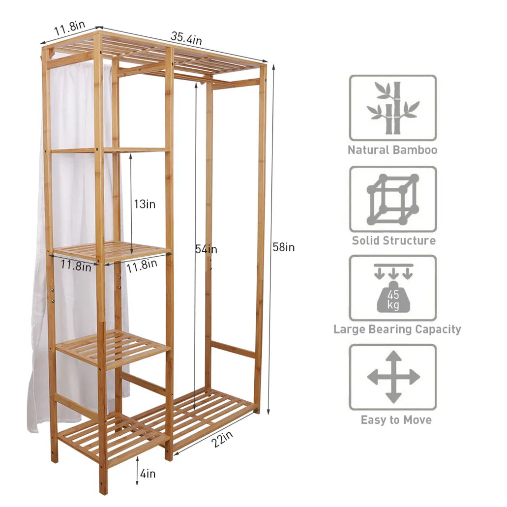 BINGOPAW Bamboo Wood Clothing Rack With Shelves And Coat Storage