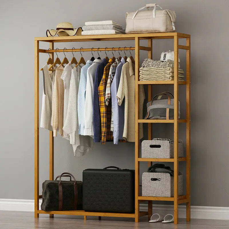 BINGOPAW Bamboo Wood Clothing Rack With Shelves And Coat Storage
