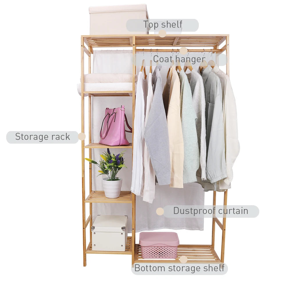 BINGOPAW Bamboo Wood Clothing Rack With Shelves And Coat Storage