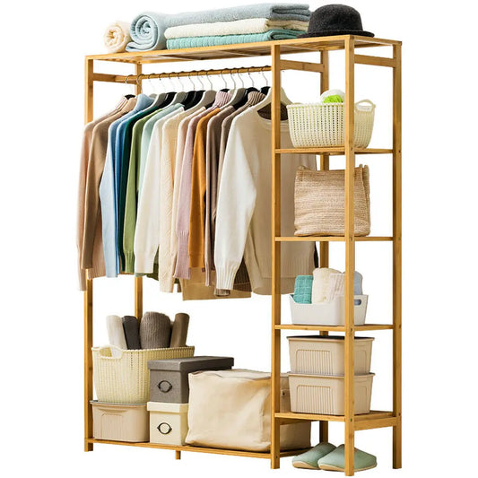 BINGOPAW Bamboo Wood Clothing Rack With Shelves And Coat Storage