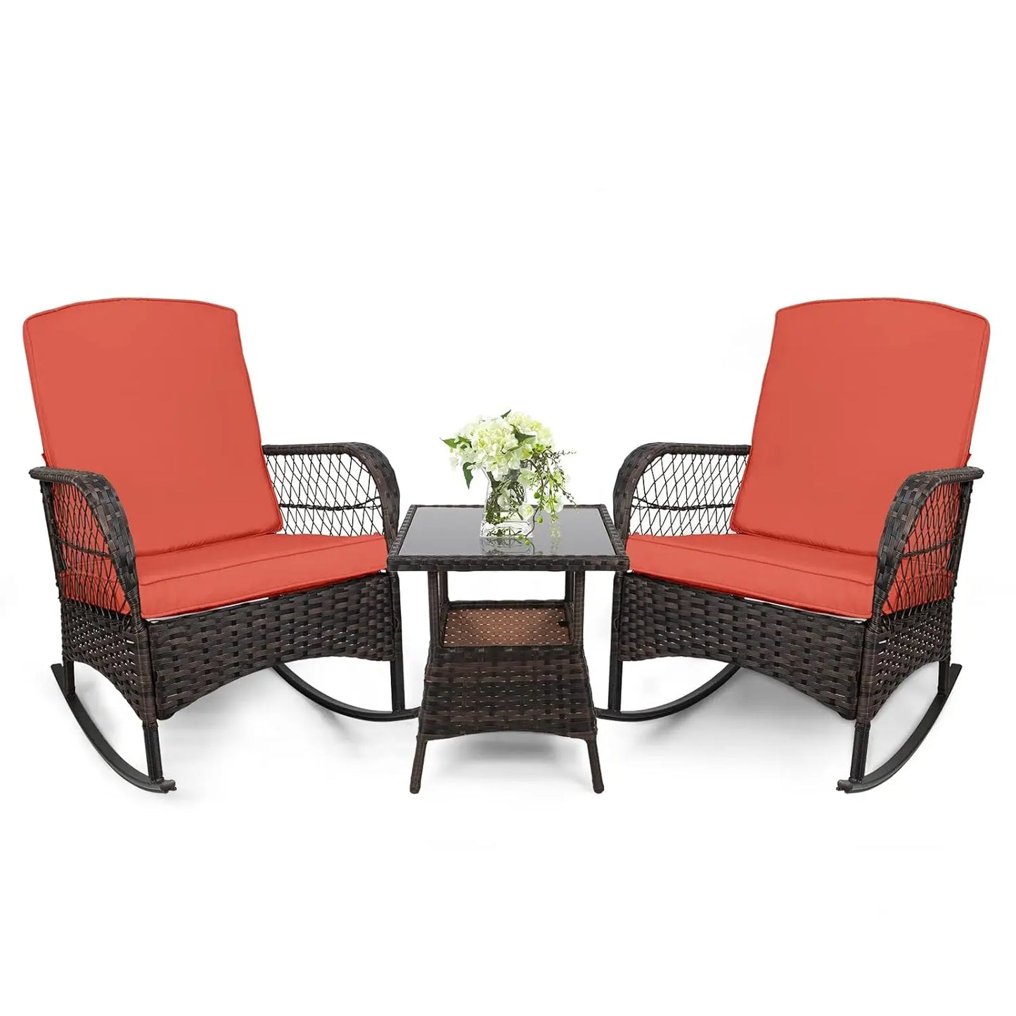 Outdoor 3 Piece Rocking Bistro Set With Glass Table PE Wicker
