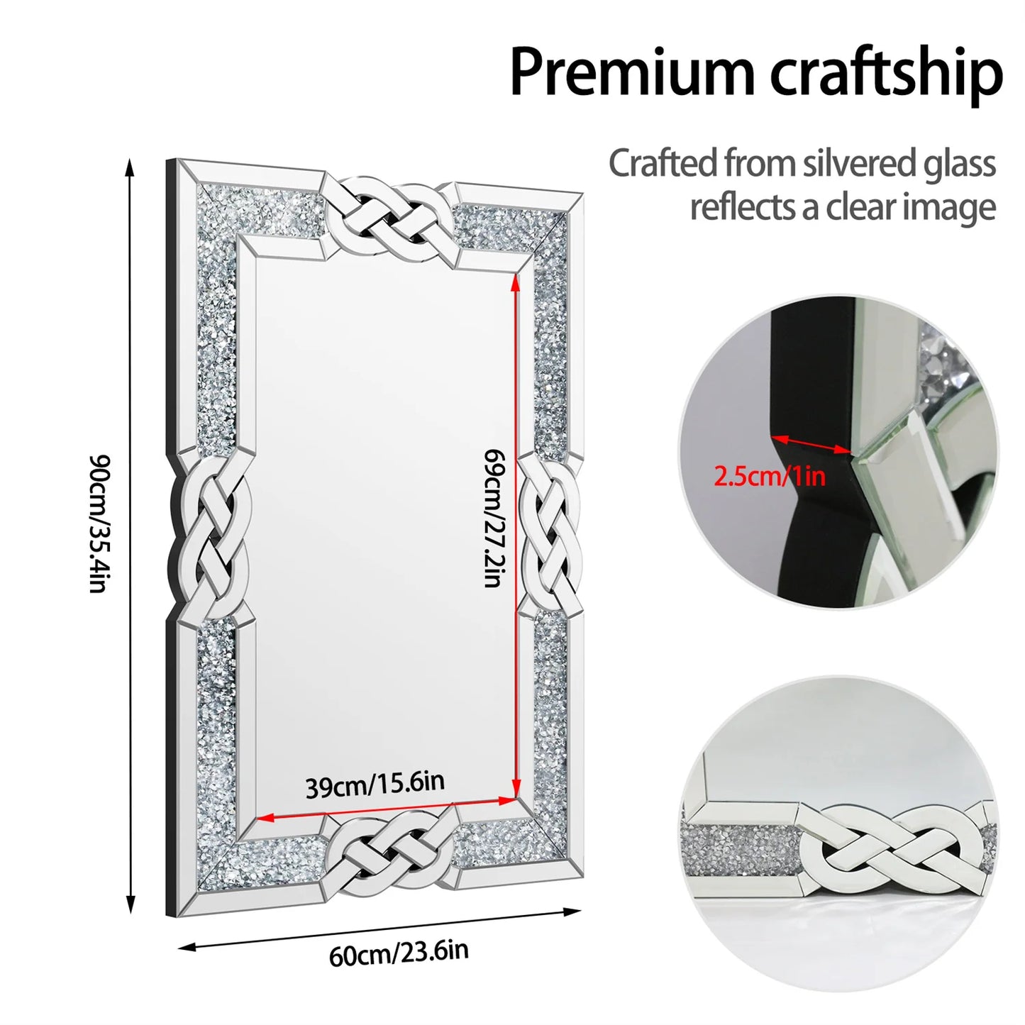 Crystal Diamond Wall Mirror Rectangle Hanging Wall Mounted
