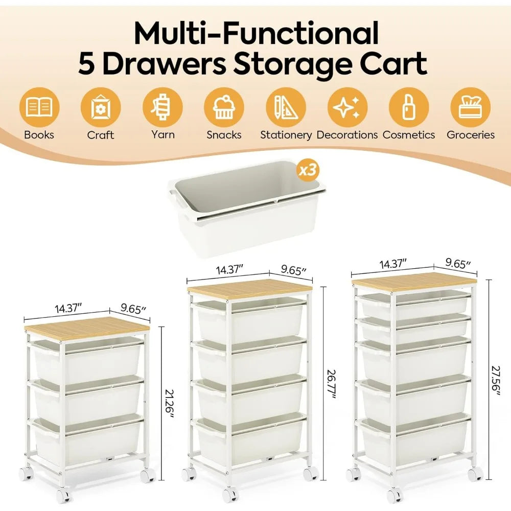 NBVCX Three Drawer Rolling Cart With Wood Top For Bedroom