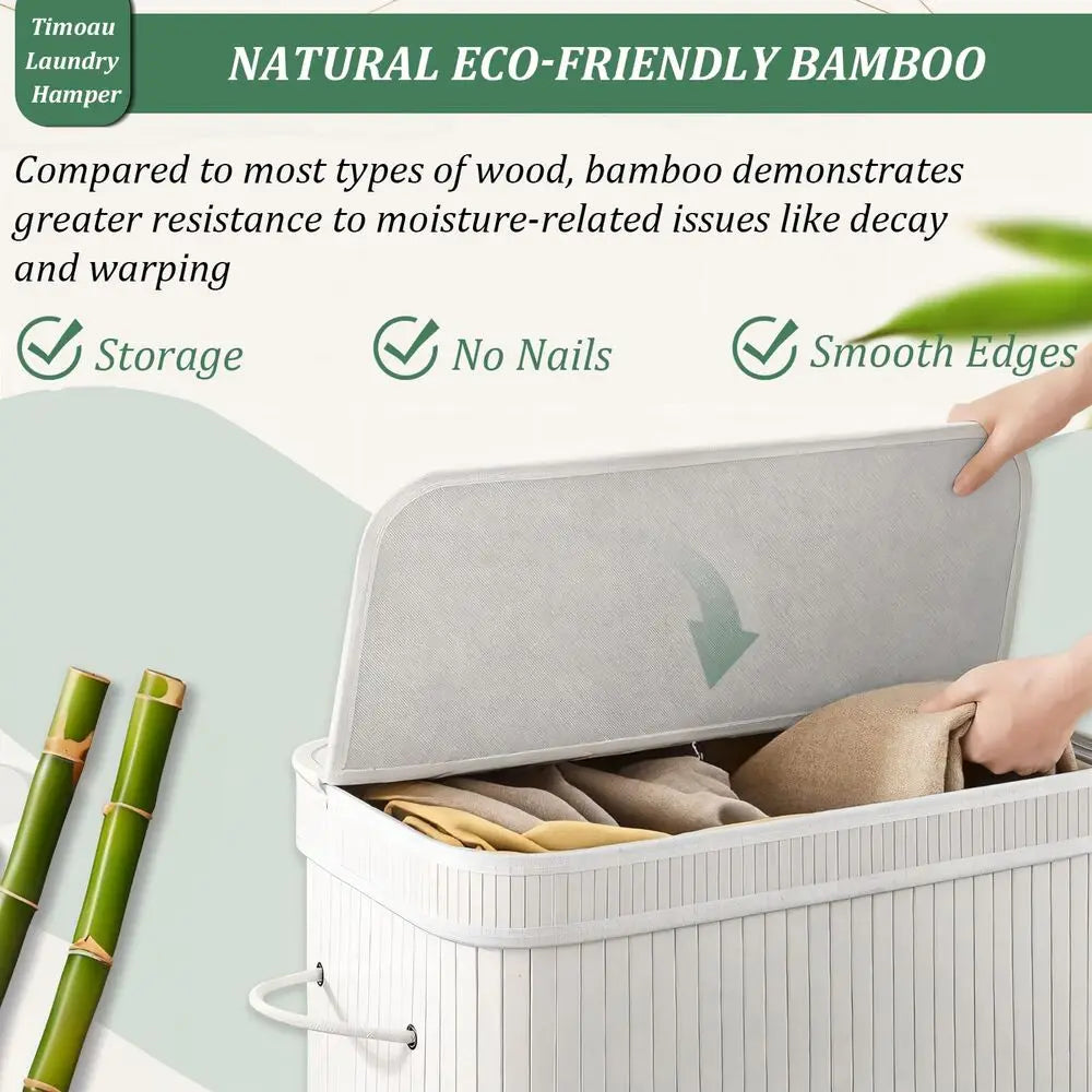 Bamboo Laundry Hamper With Lid And Removable Liner Bag Foldable With Handles
