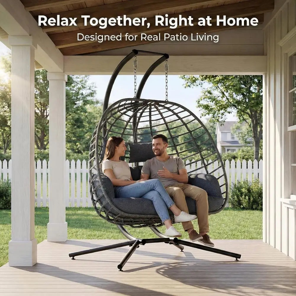 Double Egg Swing Chair With Stand Outdoor Patio Use