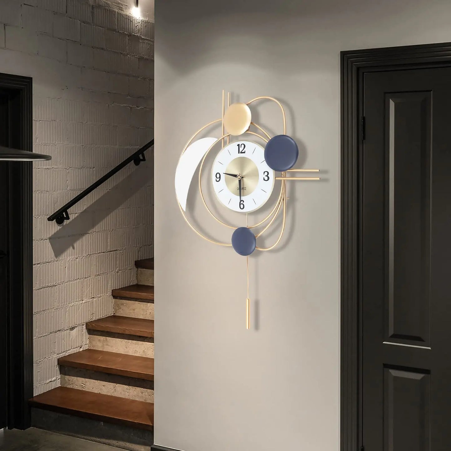 Silent Quartz Modern Metal Wall Clock With Swing Pendulum