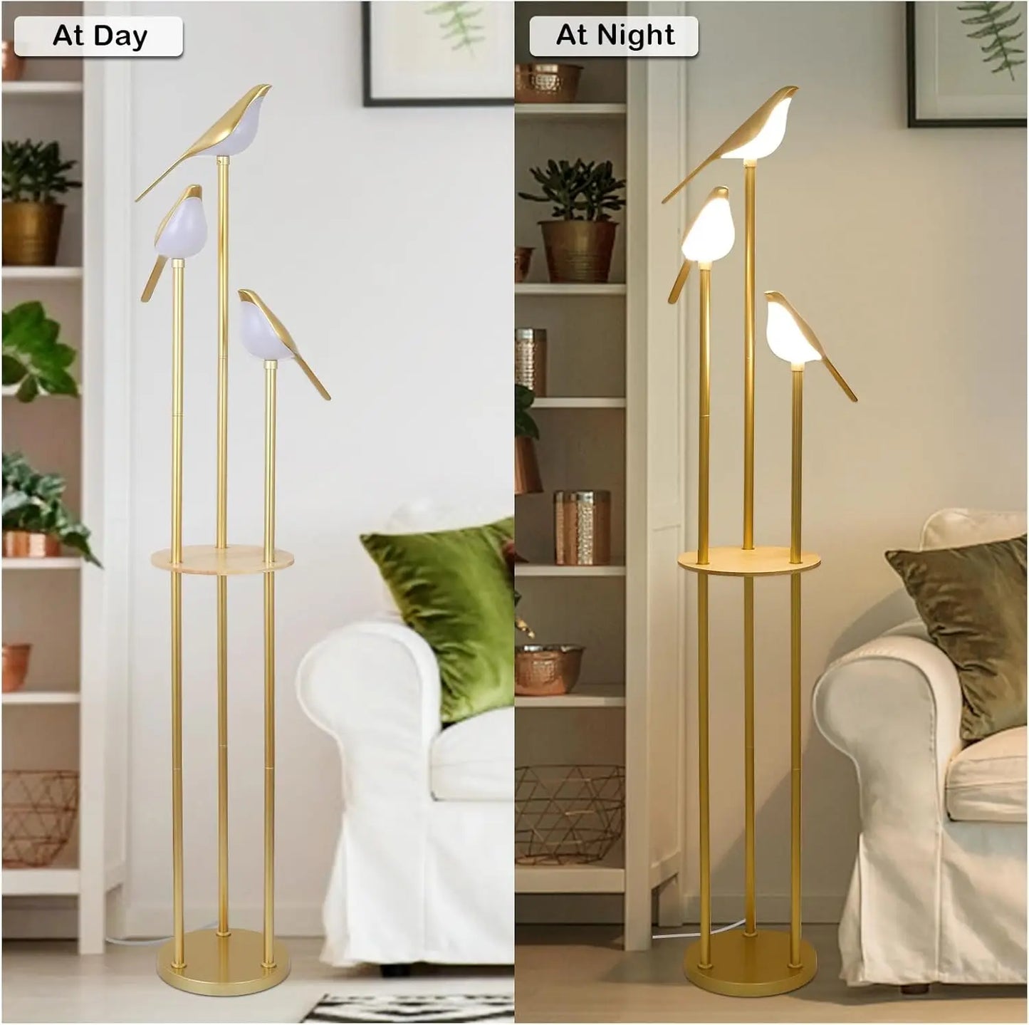 Modern Gold Floor Lamp With Adjustable LED Bird Lights And Wood Shelf
