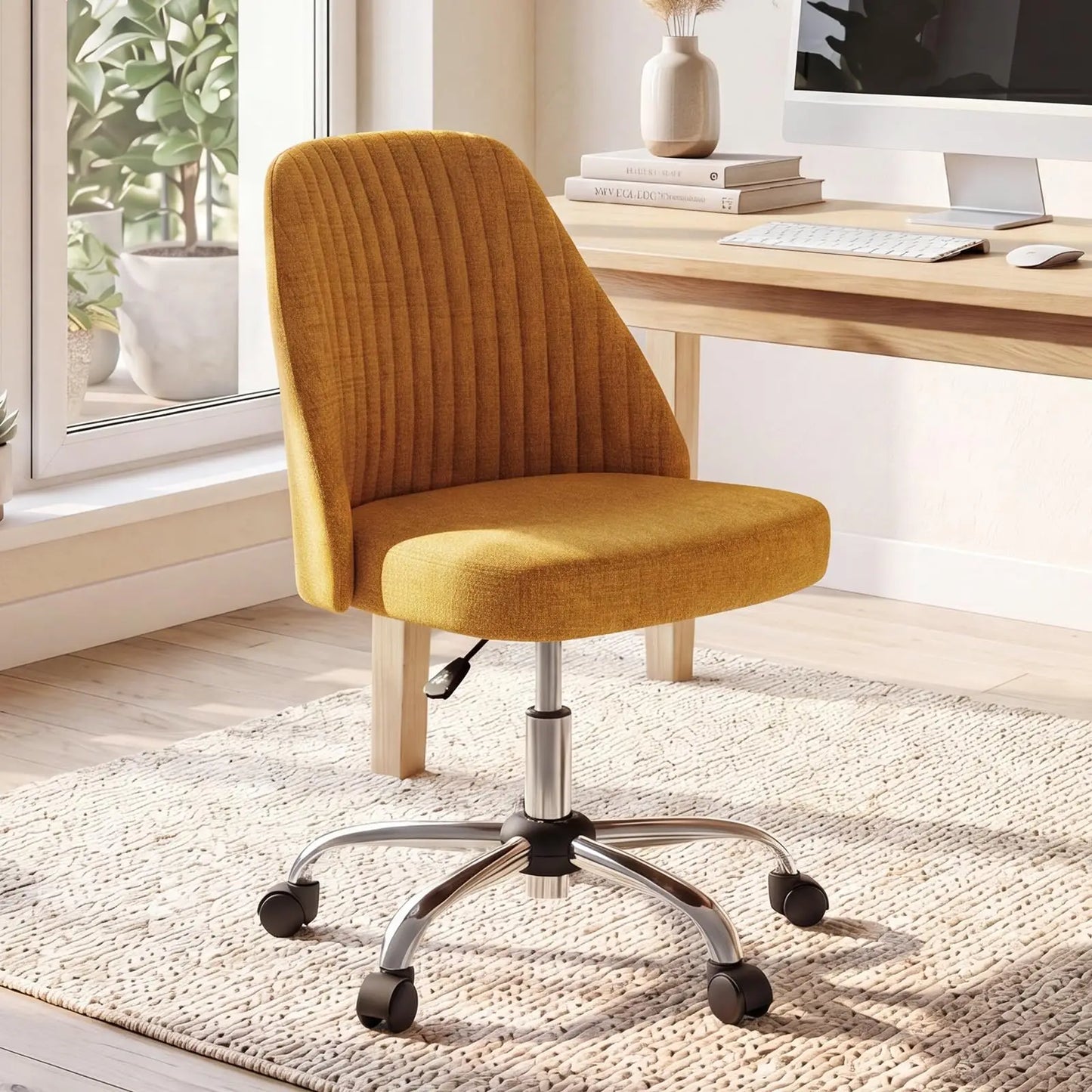 Height Adjustable Armless Vanity Office Chair With Rolling Wheels