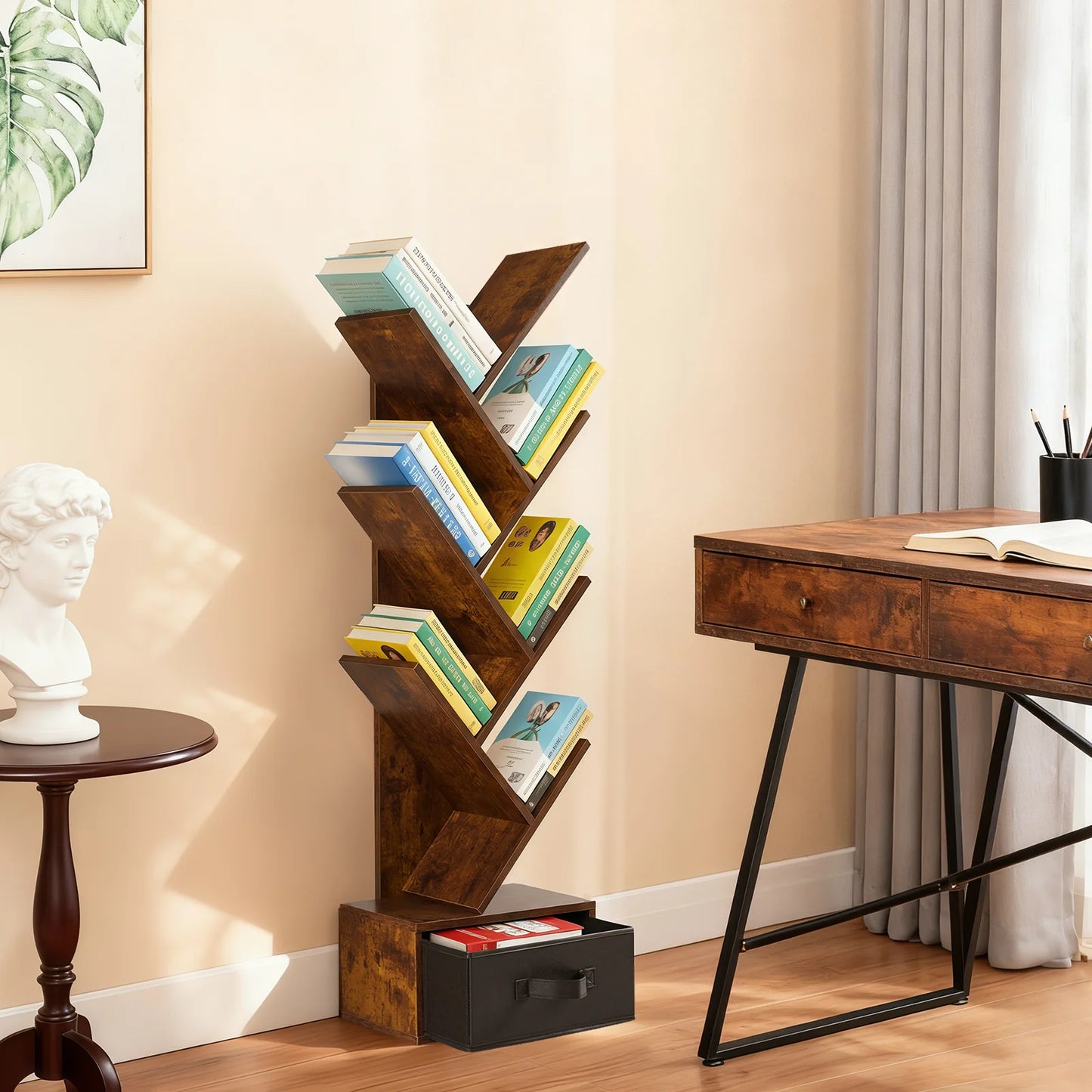 JHK Geometric Wooden 7-Tier Corner Bookshelf With Drawer