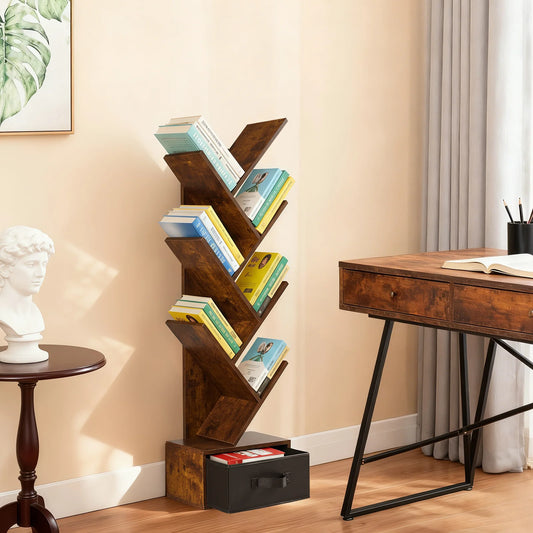 7-Tier Geometric Corner Bookcase with Drawer