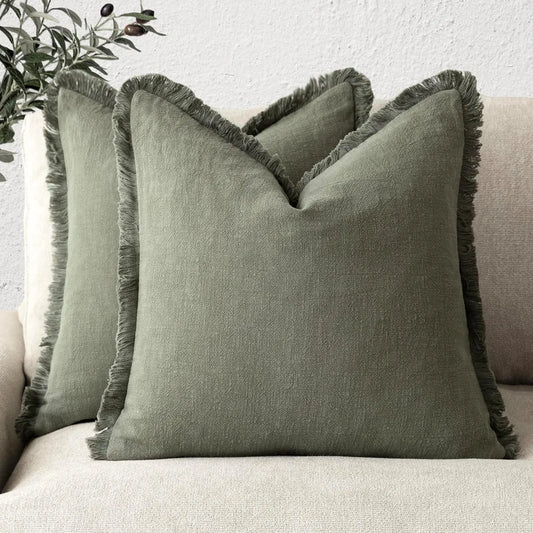 Textured Linen Fringe Throw Pillow Covers – Set of 2