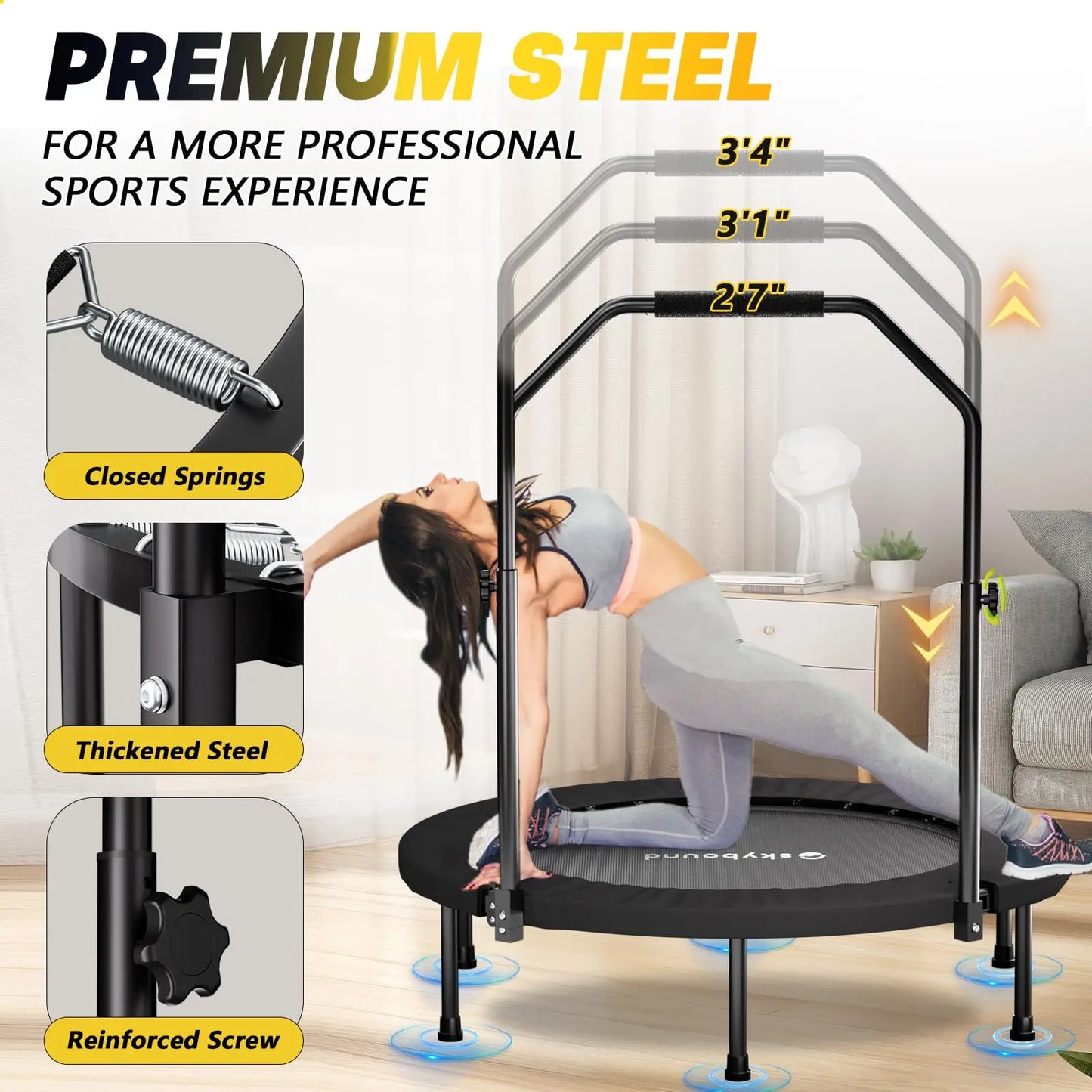 Rebounder Trampoline For Adults Foldable Fitness With U Bar