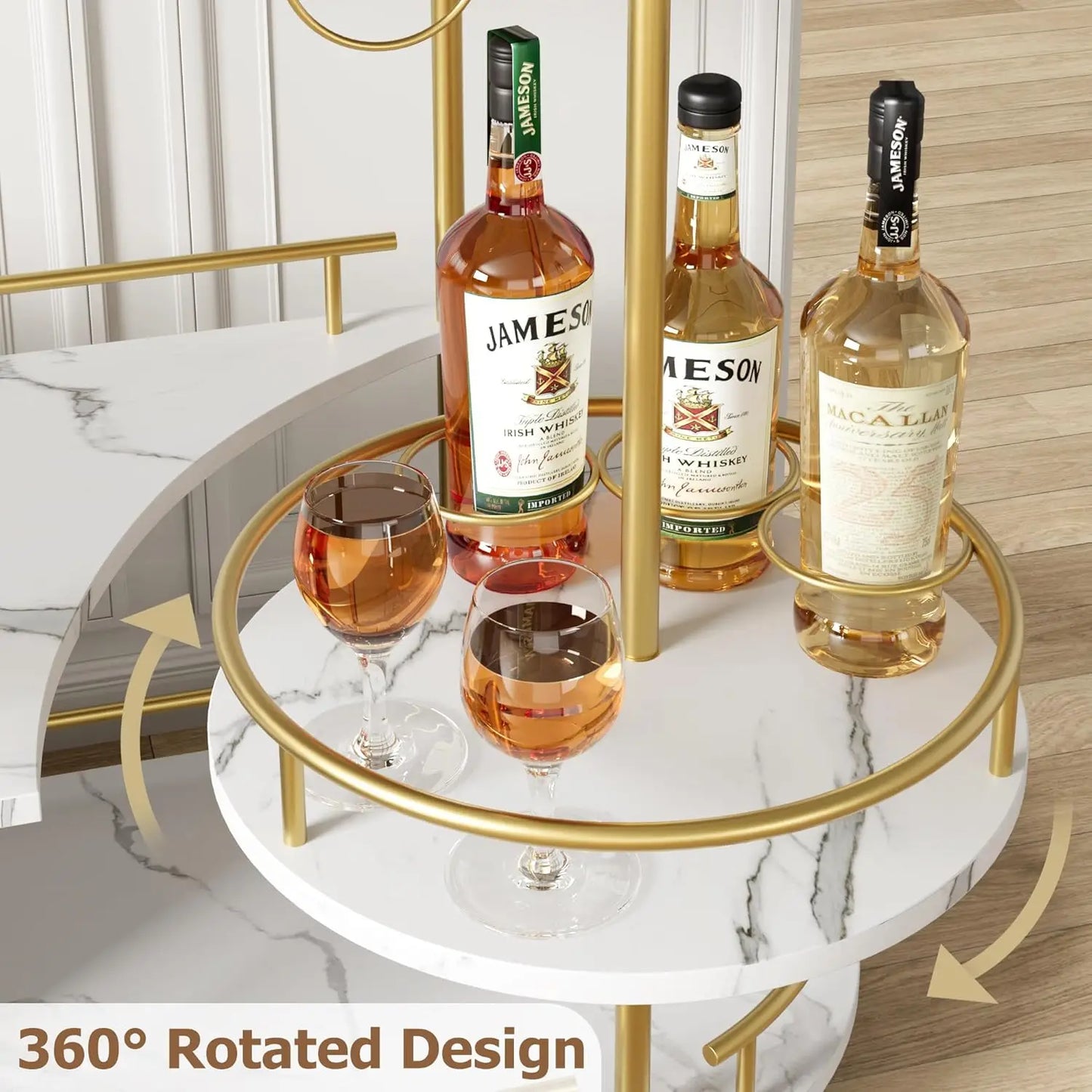 HobbyLane Gold Bar Cart With 4 Tier Storage On Wheels Wine Rack Glass Holder
