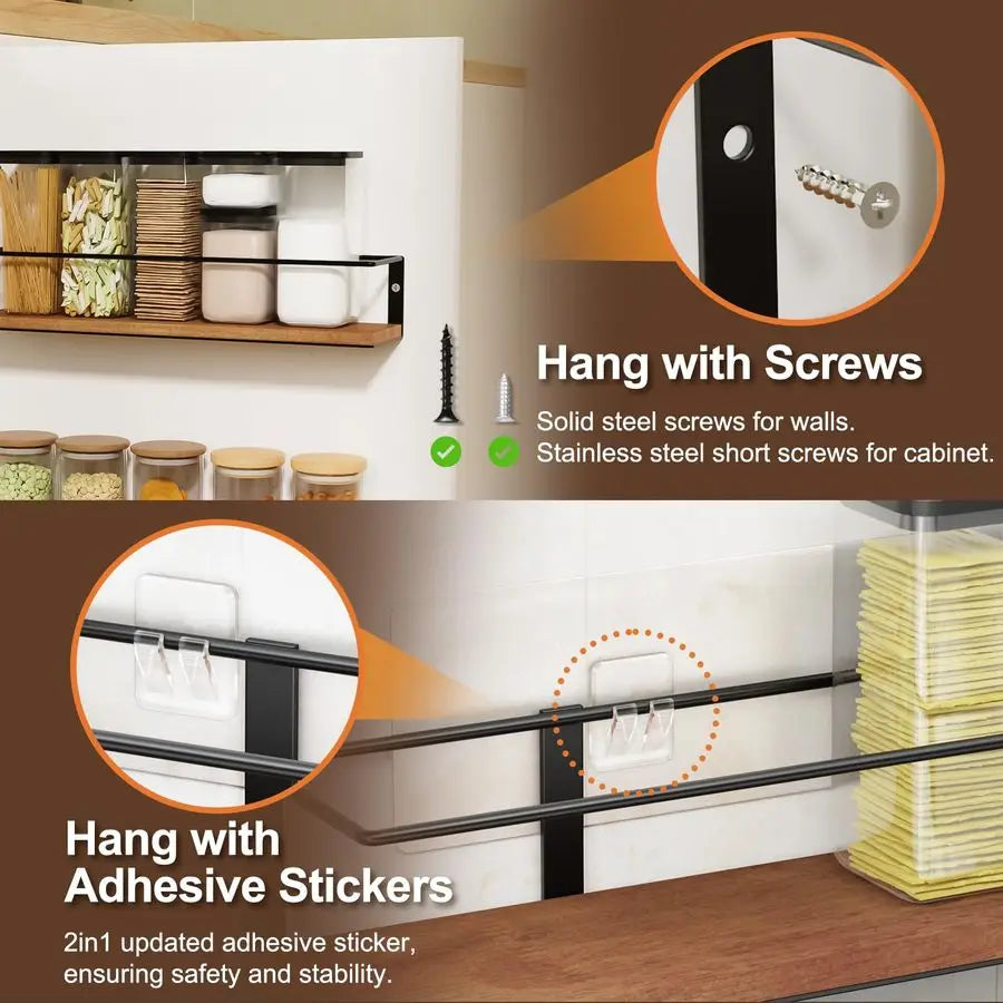 Rack SelfAdhesive or drilling, Rustic Style Hanging Spice Rack, Spice Organization for Cabinet Door or Wall Mount, Over The Stov
