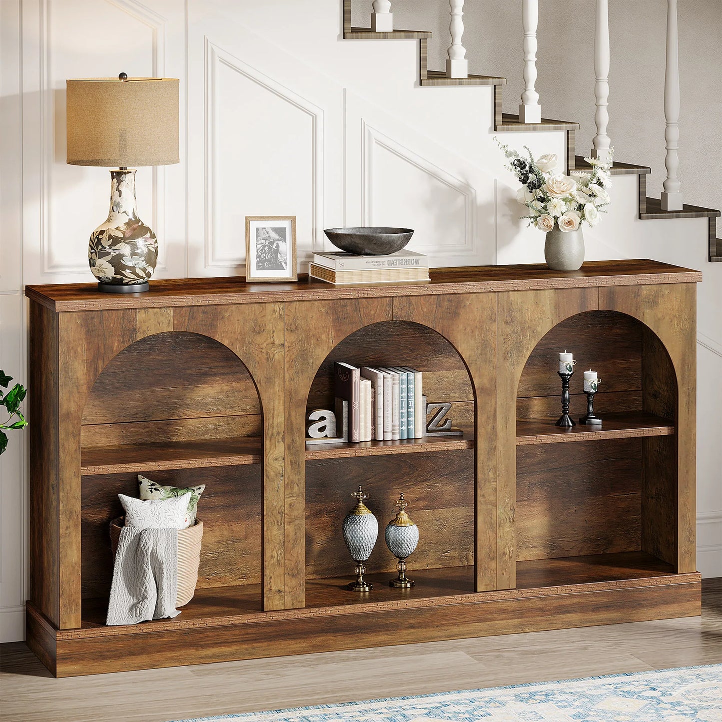 Tribesigns Wooden Farmhouse Console Table With Three Tier Storage