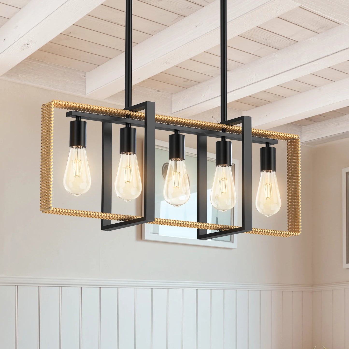 TWISTER.CK Five Light Rattan Pendant Ceiling Light Farmhouse