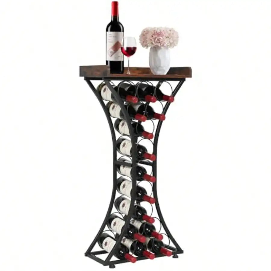 15 Bottle Iron Freestanding Wine Rack With Wood Tabletop Bar