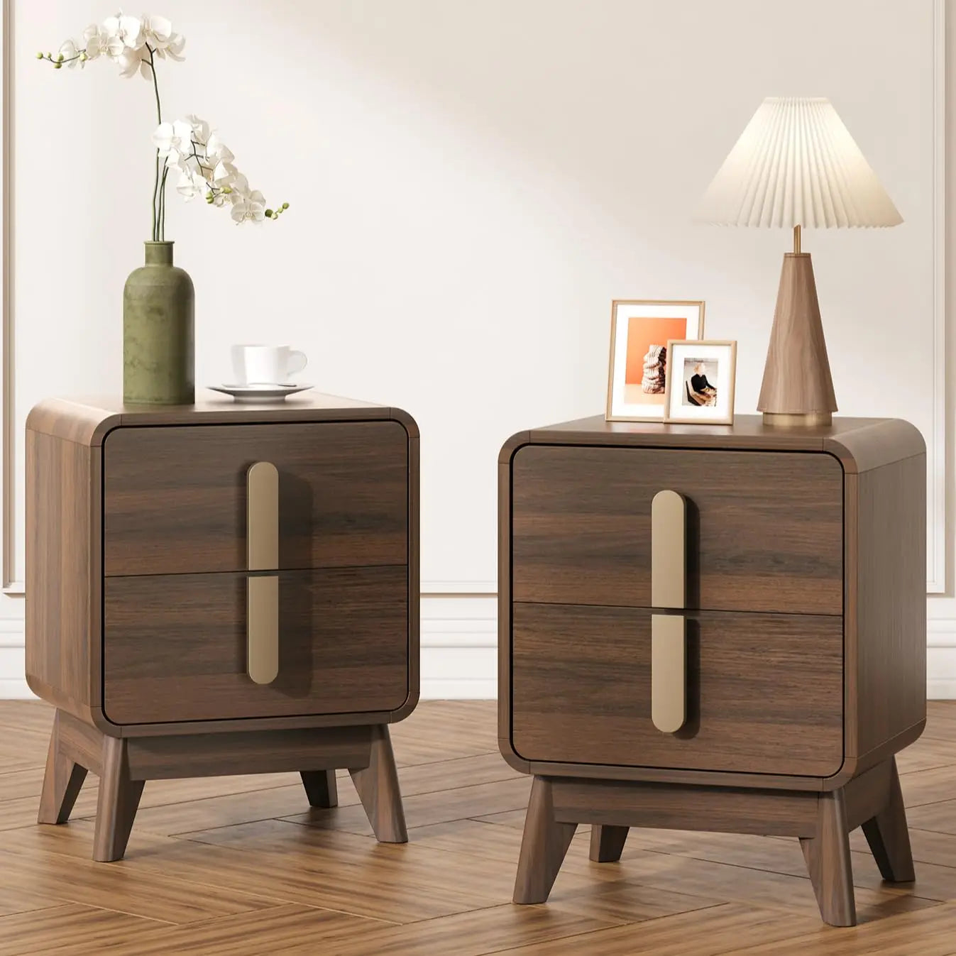 Mid Century Modern Nightstands Set With Drawers Solid Wood Legs