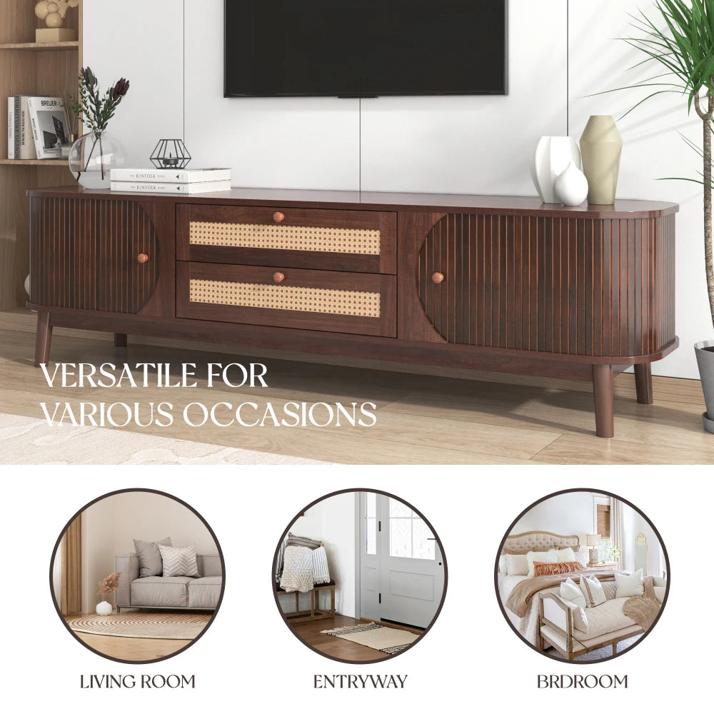 Rattan TV Stand Modern Farmhouse Media Console With Wood Legs